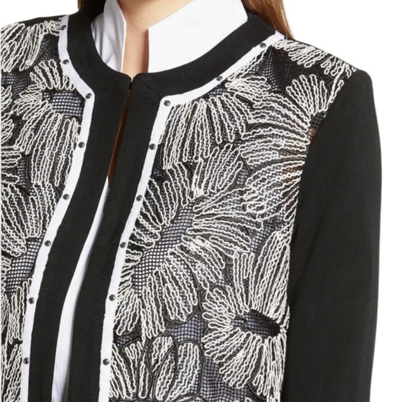 Ming Wang Floral Embroidered Knit Jacket Black and White Size L - Picture 2 of 15